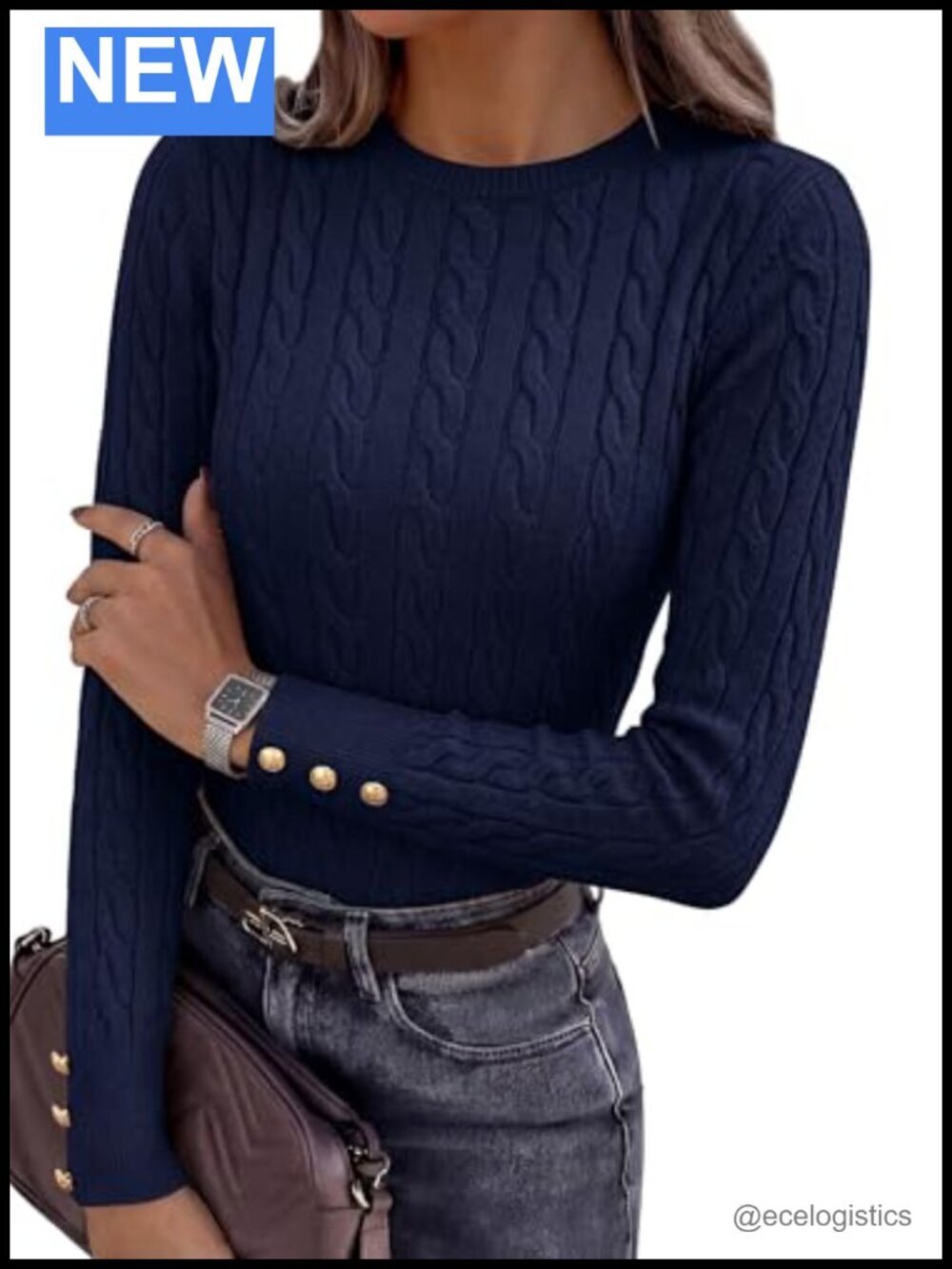 Cable Knit Long Sleeve Sweater Crewneck with Button Cuffs